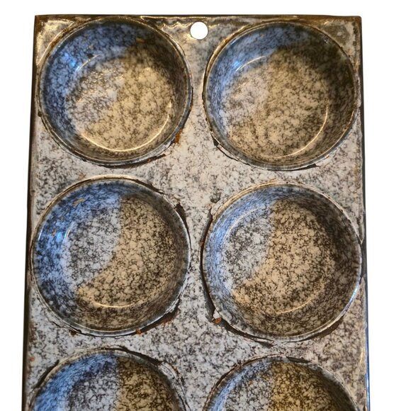Vintage Enamelware Speckled Gray 8 Cup Muffin Pan Farmhouse Rustic Antique Decor - Picture 11 of 16